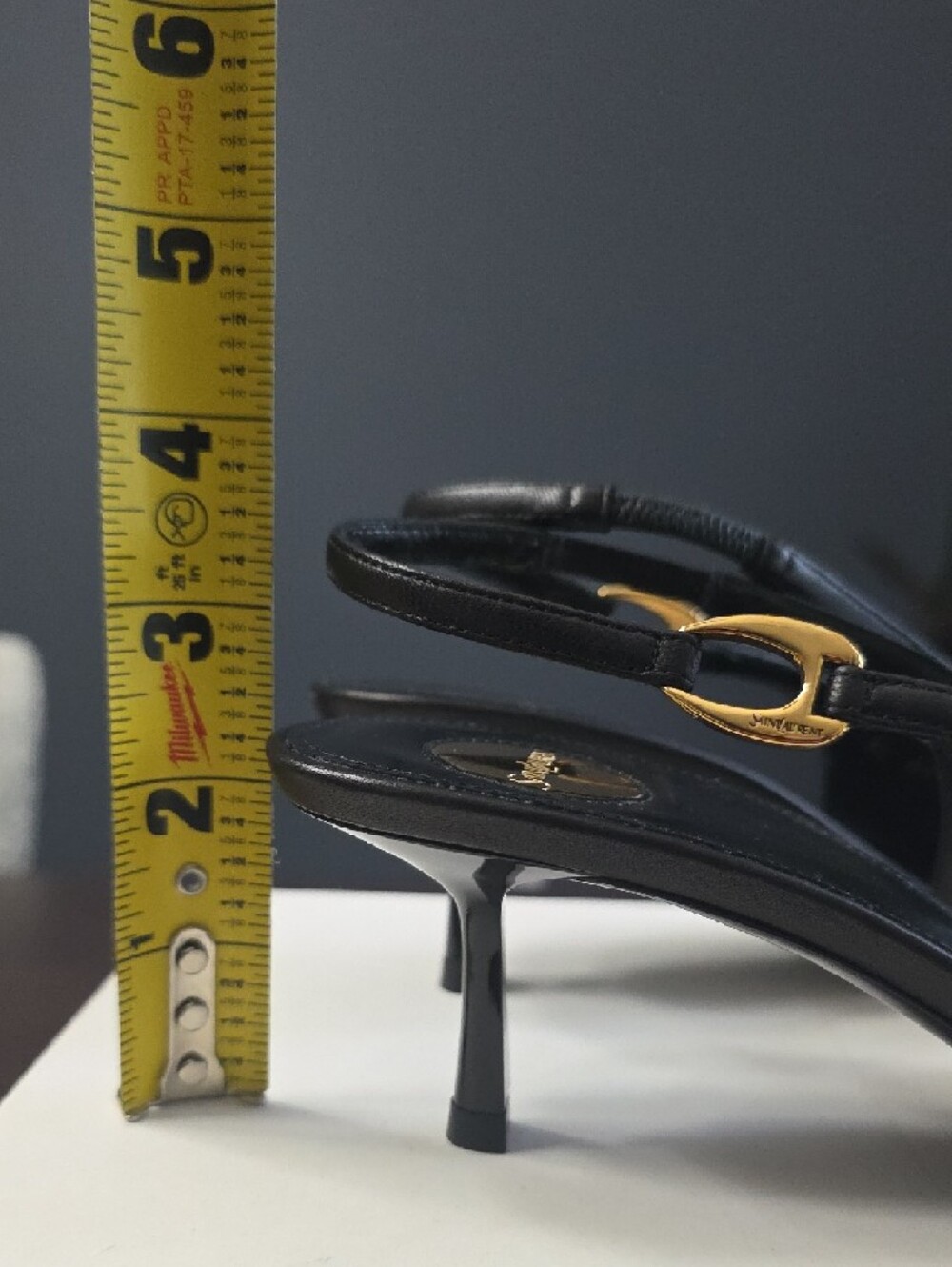Saint Laurent Black Leather Pointed Slingback Pumps with Gold Accents - Picture 14 of 16